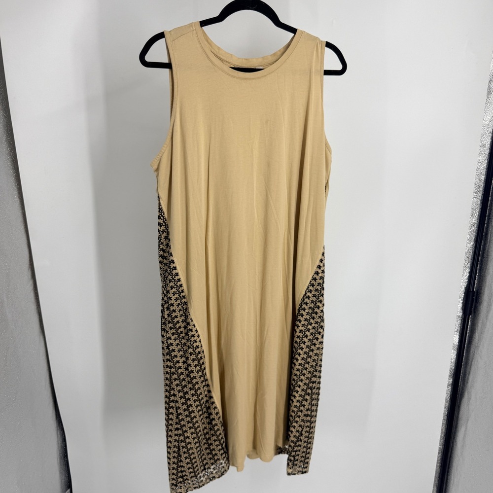LOGO Lori Goldstein Tan Sleeveless Tank Dress Black Crochet Lace Pockets 1X Midi